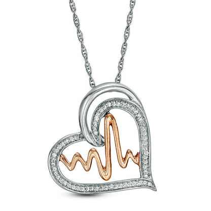 0.13 CT. T.W. Natural Diamond Heartbeat in Tilted Heart Pendant in Sterling Silver with 14K Rose Gold Plate