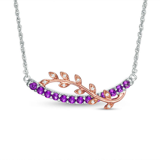 Amethyst and Lab-Created White Sapphire Vine Overlay Curved Bar Necklace in Sterling Silver and 10K Rose Gold