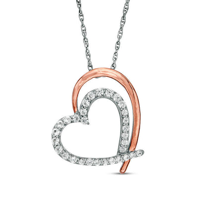 Lab-Created White Sapphire Tilted Double Heart Outline Pendant in Sterling Silver and 10K Rose Gold
