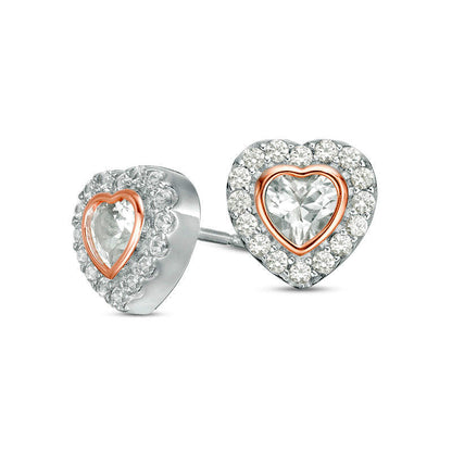 4.0mm Lab-Created White Sapphire Framed Heart Stud Earrings in Sterling Silver and 14K Rose Gold Plate