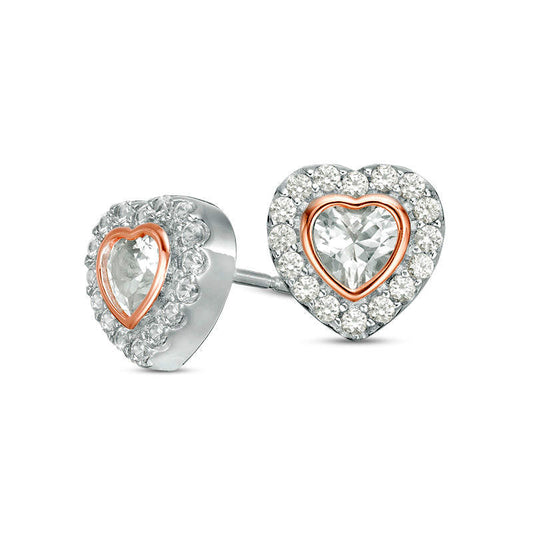 4.0mm Lab-Created White Sapphire Framed Heart Stud Earrings in Sterling Silver and 14K Rose Gold Plate