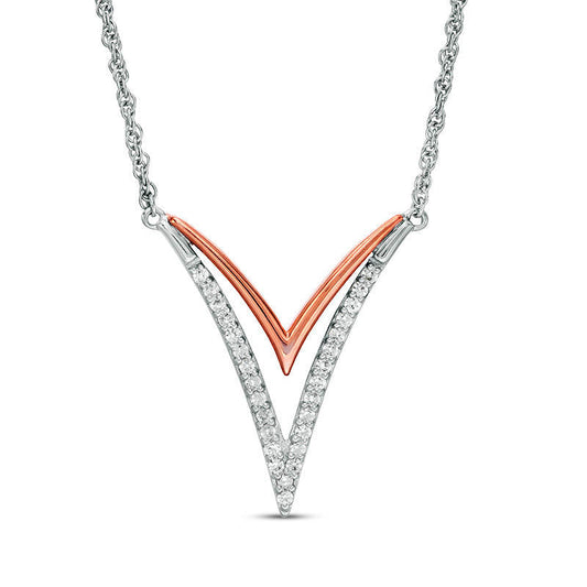 Lab-Created White Sapphire Double V" Necklace in Sterling Silver and 10K Rose Gold"