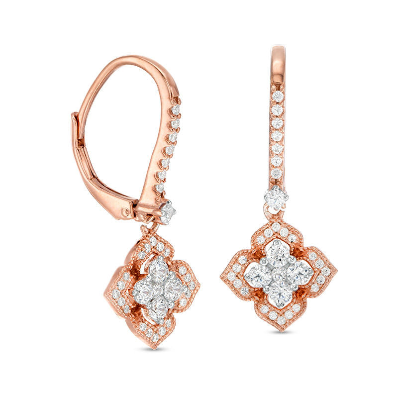 0.75 CT. T.W. Quad Diamond Quatrefoil Frame Vintage-Style Beaded Drop Earrings in 10K Rose Gold