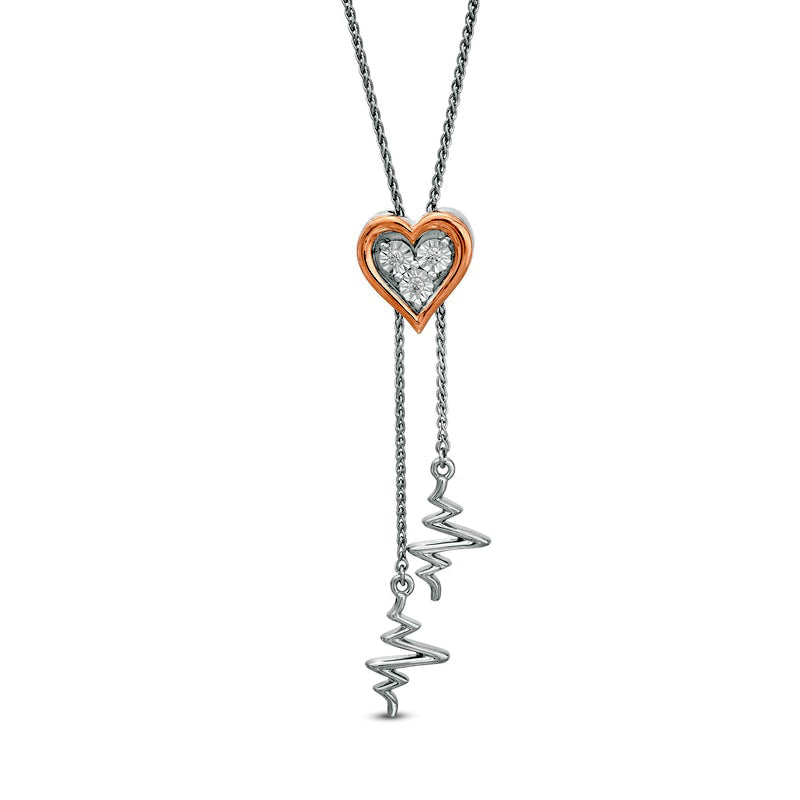 Natural Diamond Accent Heart and Heartbeat Lariat Bolo Necklace in Sterling Silver and 10K Rose Gold - 26.5