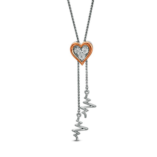 Natural Diamond Accent Heart and Heartbeat Lariat Bolo Necklace in Sterling Silver and 10K Rose Gold - 26.5