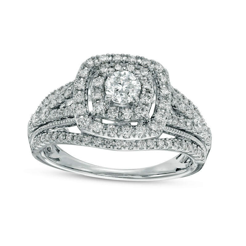 1.0 CT. T.W. Natural Diamond Double Cushion Frame Multi-Row Antique Vintage-Style Engagement Ring in Solid 14K White Gold