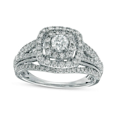 1.0 CT. T.W. Natural Diamond Double Cushion Frame Multi-Row Antique Vintage-Style Engagement Ring in Solid 14K White Gold