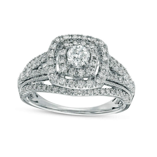 1.0 CT. T.W. Natural Diamond Double Cushion Frame Multi-Row Antique Vintage-Style Engagement Ring in Solid 14K White Gold