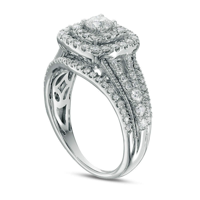 1.0 CT. T.W. Natural Diamond Double Cushion Frame Multi-Row Antique Vintage-Style Engagement Ring in Solid 14K White Gold