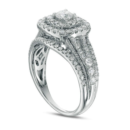 1.0 CT. T.W. Natural Diamond Double Cushion Frame Multi-Row Antique Vintage-Style Engagement Ring in Solid 14K White Gold