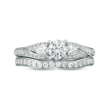 1.38 CT. T.W. Natural Diamond Bypass Three Stone Bridal Engagement Ring Set in Solid 14K White Gold