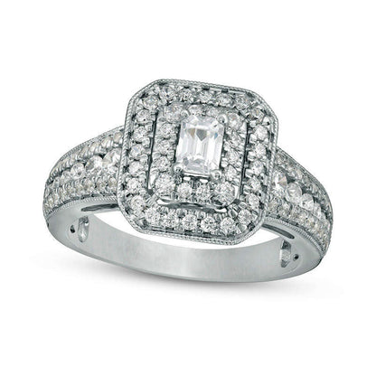 1.0 CT. T.W. Emerald-Cut Natural Diamond Double Frame Antique Vintage-Style Engagement Ring in Solid 14K White Gold