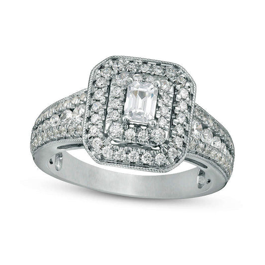 1.0 CT. T.W. Emerald-Cut Natural Diamond Double Frame Antique Vintage-Style Engagement Ring in Solid 14K White Gold