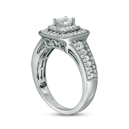1.0 CT. T.W. Emerald-Cut Natural Diamond Double Frame Antique Vintage-Style Engagement Ring in Solid 14K White Gold