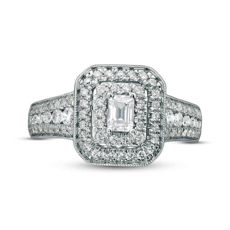 1.0 CT. T.W. Emerald-Cut Natural Diamond Double Frame Antique Vintage-Style Engagement Ring in Solid 14K White Gold