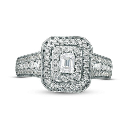 1.0 CT. T.W. Emerald-Cut Natural Diamond Double Frame Antique Vintage-Style Engagement Ring in Solid 14K White Gold