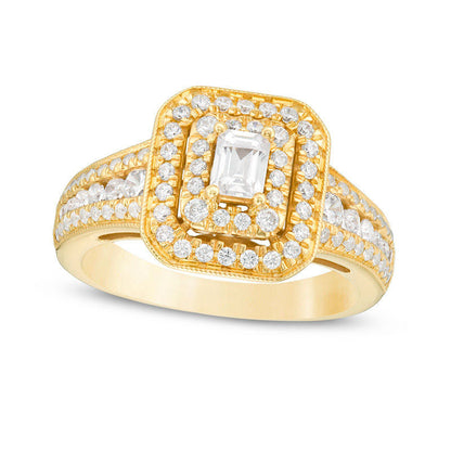 1.0 CT. T.W. Emerald-Cut Natural Diamond Double Frame Antique Vintage-Style Engagement Ring in Solid 14K Gold