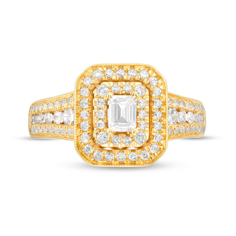 1.0 CT. T.W. Emerald-Cut Natural Diamond Double Frame Antique Vintage-Style Engagement Ring in Solid 14K Gold