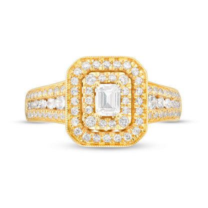 1.0 CT. T.W. Emerald-Cut Natural Diamond Double Frame Antique Vintage-Style Engagement Ring in Solid 14K Gold