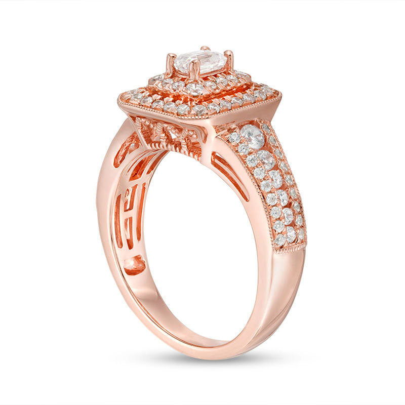 1.0 CT. T.W. Emerald-Cut Natural Diamond Double Frame Antique Vintage-Style Engagement Ring in Solid 14K Rose Gold