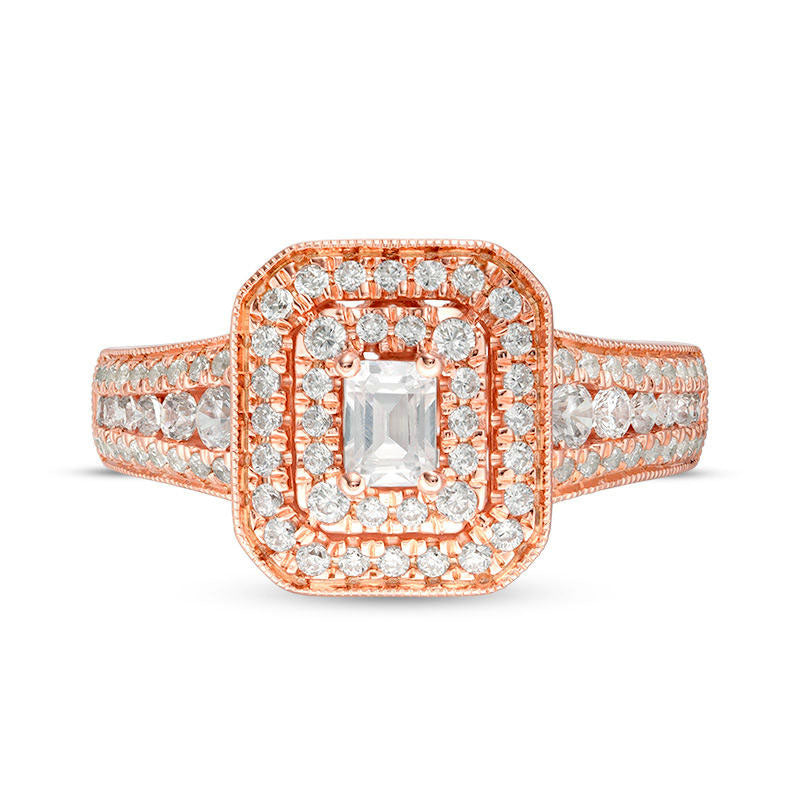 1.0 CT. T.W. Emerald-Cut Natural Diamond Double Frame Antique Vintage-Style Engagement Ring in Solid 14K Rose Gold