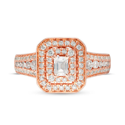 1.0 CT. T.W. Emerald-Cut Natural Diamond Double Frame Antique Vintage-Style Engagement Ring in Solid 14K Rose Gold