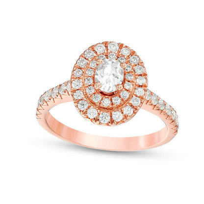 1.0 CT. T.W. Oval and Round Natural Diamond Double Frame Engagement Ring in Solid 14K Rose Gold