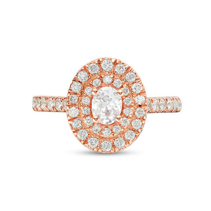 1.0 CT. T.W. Oval and Round Natural Diamond Double Frame Engagement Ring in Solid 14K Rose Gold