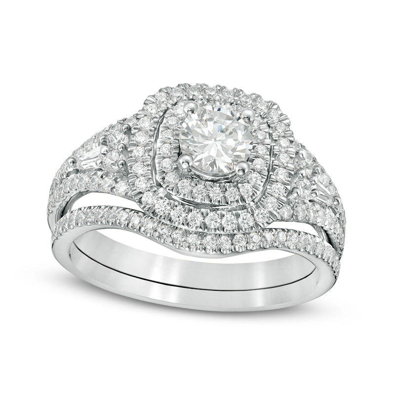 1.20 CT. T.W. Natural Diamond Double Cushion Frame Bridal Engagement Ring Set in Solid 14K White Gold