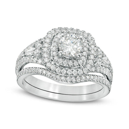 1.20 CT. T.W. Natural Diamond Double Cushion Frame Bridal Engagement Ring Set in Solid 14K White Gold