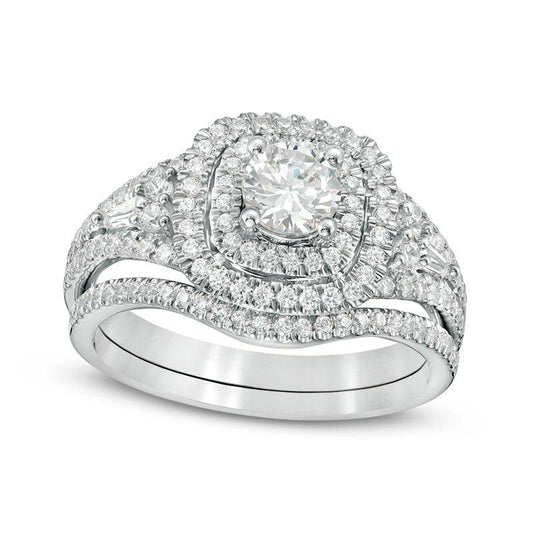 1.20 CT. T.W. Natural Diamond Double Cushion Frame Bridal Engagement Ring Set in Solid 14K White Gold