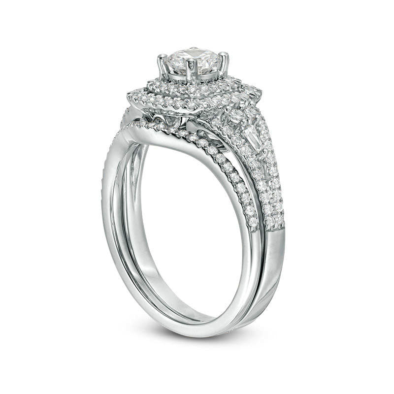 1.20 CT. T.W. Natural Diamond Double Cushion Frame Bridal Engagement Ring Set in Solid 14K White Gold