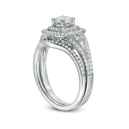 1.20 CT. T.W. Natural Diamond Double Cushion Frame Bridal Engagement Ring Set in Solid 14K White Gold