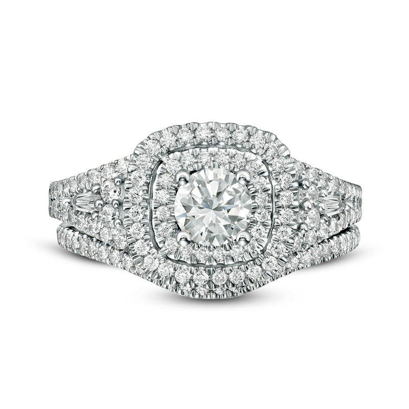 1.20 CT. T.W. Natural Diamond Double Cushion Frame Bridal Engagement Ring Set in Solid 14K White Gold