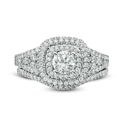 1.20 CT. T.W. Natural Diamond Double Cushion Frame Bridal Engagement Ring Set in Solid 14K White Gold