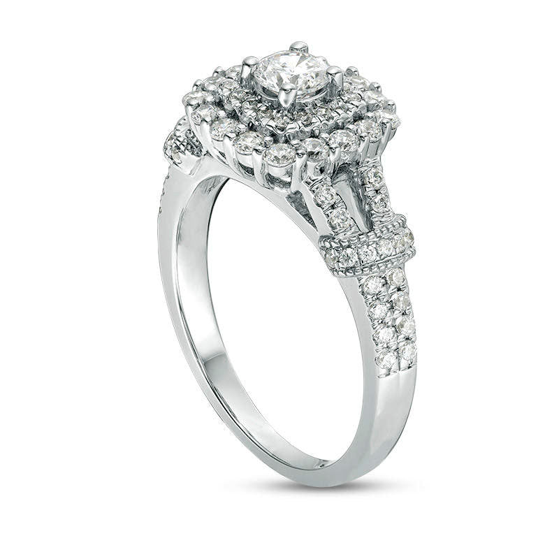 1.0 CT. T.W. Natural Diamond Double Cushion Frame Collar Antique Vintage-Style Engagement Ring in Solid 14K White Gold