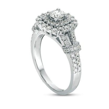 1.0 CT. T.W. Natural Diamond Double Cushion Frame Collar Antique Vintage-Style Engagement Ring in Solid 14K White Gold
