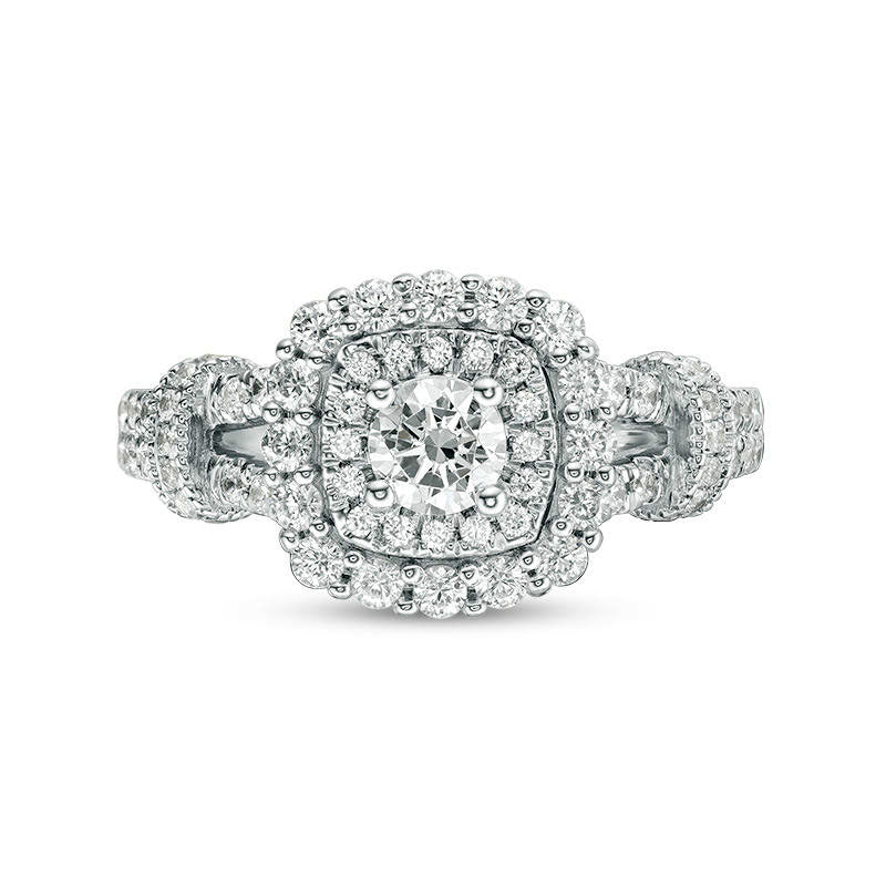 1.0 CT. T.W. Natural Diamond Double Cushion Frame Collar Antique Vintage-Style Engagement Ring in Solid 14K White Gold