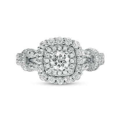 1.0 CT. T.W. Natural Diamond Double Cushion Frame Collar Antique Vintage-Style Engagement Ring in Solid 14K White Gold