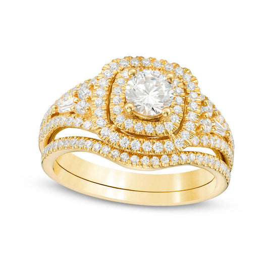 1.20 CT. T.W. Natural Diamond Double Cushion Frame Bridal Engagement Ring Set in Solid 14K Gold
