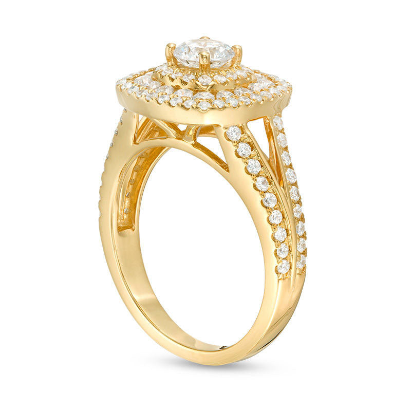 1.33 CT. T.W. Natural Diamond Cushion Frame Split Shank Engagement Ring in Solid 14K Gold