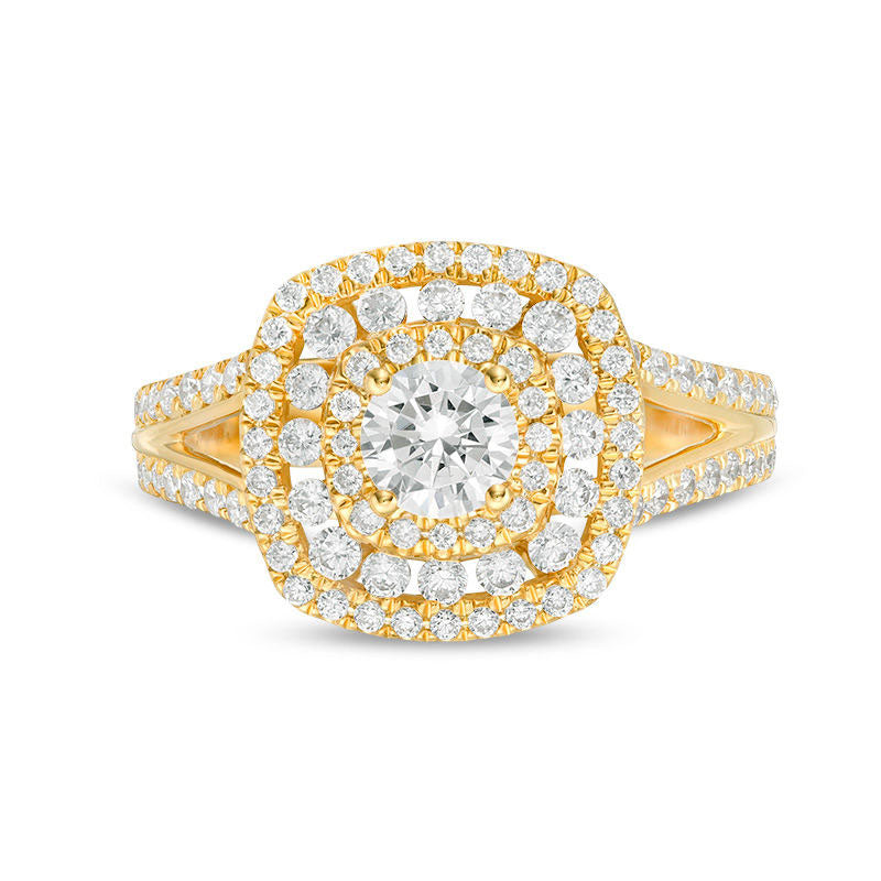 1.33 CT. T.W. Natural Diamond Cushion Frame Split Shank Engagement Ring in Solid 14K Gold