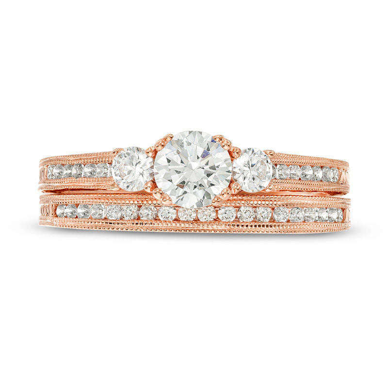 1.0 CT. T.W. Natural Diamond Three Stone Antique Vintage-Style Bridal Engagement Ring Set in Solid 14K Rose Gold