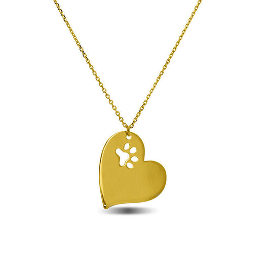 Dog Paw Print Cutout Tilted Heart Pendant in 14K Gold
