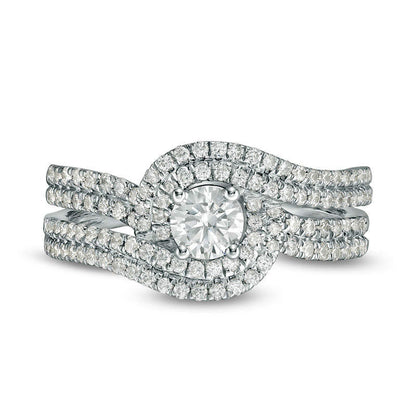 1.0 CT. T.W. Natural Diamond Swirl Bypass Frame Multi-Row Engagement Ring in Solid 14K White Gold