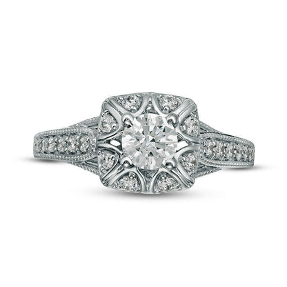 0.75 CT. T.W. Natural Diamond Cushion Frame Antique Vintage-Style Engagement Ring in Solid 10K White Gold