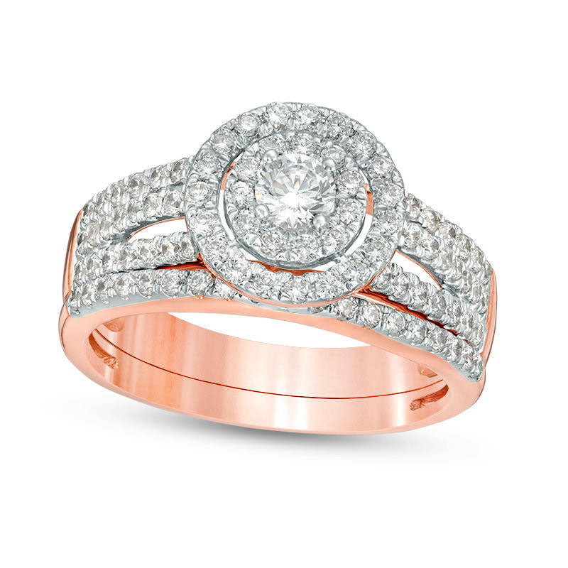 1.0 CT. T.W. Natural Diamond Double Frame Multi-Row Engagement Ring in Solid 14K Rose Gold