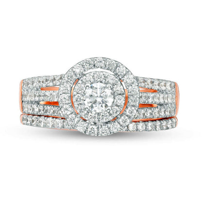 1.0 CT. T.W. Natural Diamond Double Frame Multi-Row Engagement Ring in Solid 14K Rose Gold
