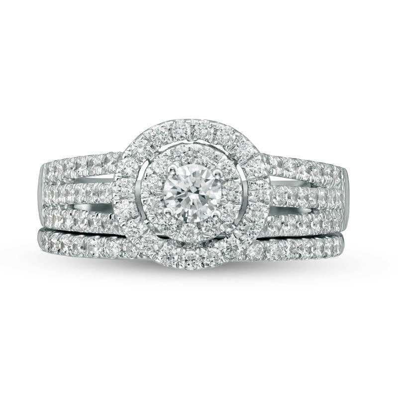 1.0 CT. T.W. Natural Diamond Double Frame Multi-Row Engagement Ring in Solid 14K White Gold