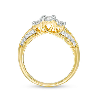 0.75 CT. T.W. Natural Diamond Three Stone V-Sides Antique Vintage-Style Engagement Ring in Solid 10K Yellow Gold